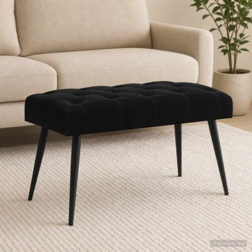 LoogCape Banc capitonné en velours noir - 80 x 40 x 46 cm - Banc rembourré en bois et métal - Durable - Polyvalent - Pour couloir, chambre à coucher, salon, salle à manger