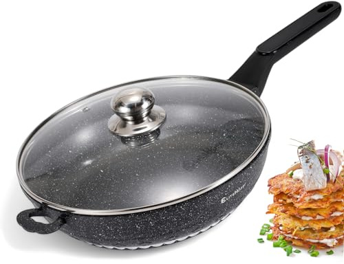 EliteHoff non-stick stekpanna med lock, aluminiumstekpanna induktion, marmorbelagd stekpanna för alla typer av spisar (svart, 28 cm)