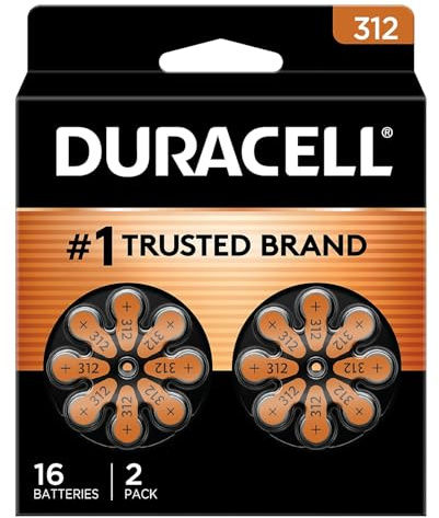 Duracell Hearing Aid Batteries Size 312, Brown, 16 Count (Pack of 1), Long-lasting Power, Extra-long EasyTab Install