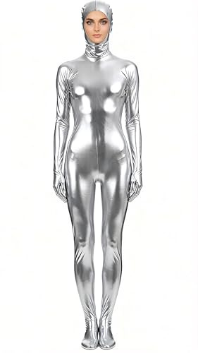 VSVO Shiny Spandex Open Face Full Bodysuit Zentai Suit for Adults and Children (X-Large, Silver)