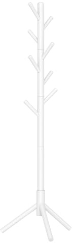 VASAGLE Solid Wood Coat Rack, Free Standing Tree-Shaped Coat Rack with 8 Hooks, 3 Height Options, for Clothes, Hats, Bags, Living Room, Bedroom, Home Office, White URCR04WT