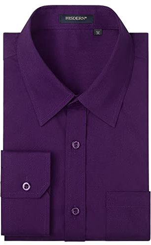 HISDERN Men's Long Sleeve Shirts Formal Business Button Down Casual Wedding Regular Fit Work Office Purple M