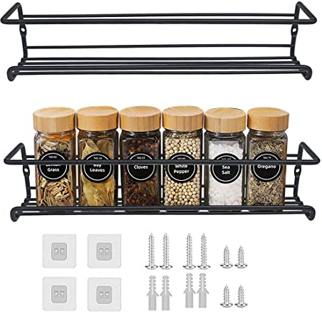 Gewürzregal Wand 2 Stück Aus Metall Schwarz - Hängend Ohne Bohren, Wand Küchenregal für Küche Gewürz Organizer Küchenzubehör - 29 x 6 x 6.5cm