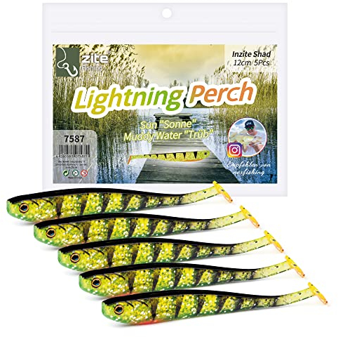 Zite Fishing Gummifische Zander Set – Inzite Shad 12cm Diverse Farben - 5STK Fängige Gummiköder Zanderangeln - Softbait Angelköder UV-Aktiv (Lightning Perch)