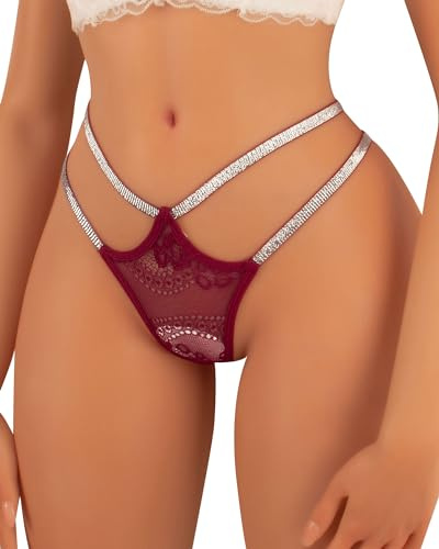 Banamic Mutande sexy da donna Glitter Lace Perizoma Slip Biancheria intima, rosso vivo, M