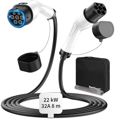 RamTouch Type 2 EV Charging Cable (22 kW, 8 m, 32 A, 3-Phase, Mode 3) – Type 2 to Type 2 Cable for Wallbox & EV Charging Stations, Compatible with All Electric Vehicles & Plug-in Hybrids