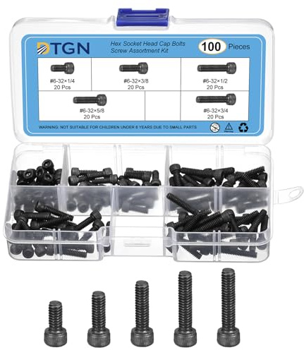 DTGN 100Pcs #6-32 Bolts Socket Head Screws Kit, #6-32 Screw Assortment, 12.9 Grade Steel #6-32 x 1/4, 3/8, 1/2, 5/8, 3/4 Hex Socket Head Cap Screws Bolt Set for 3D Printing DIY