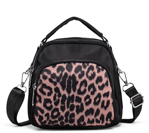 LaRechor Kleine Umhängetasche Handtasche Schultertasche für Damen Tote Tasche Mini Rucksack Nylon Frauentasche (Leopard)