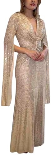 Duohropke Vestido de Fiesta Largo para Mujer, Elegante Vestido de Novia con Lentejuelas, Sexy, Manga Larga, Dorado