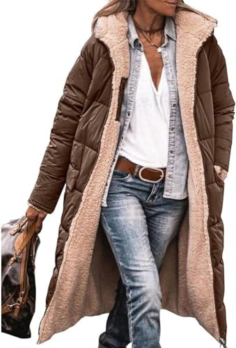 ASKSA Manteau Long en Duvet Doudoune Longue pour Femme - Chaud - En Polaire - Réversible - Veste d'Hiver à Capuche Manteaux, Café, M