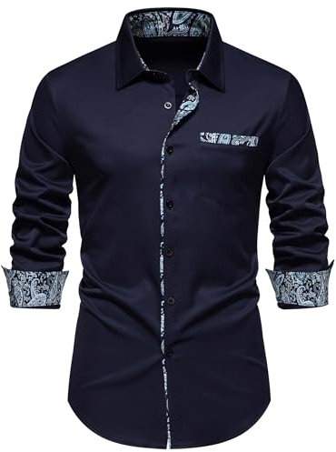 Men's Inner Contrast Dress Shirt Paisley Business Casual Smart Formal Classic Long Sleeve Regular Fit Button Down Wedding Party Work Shirts with Pockets-A355-Dark Blue-XL