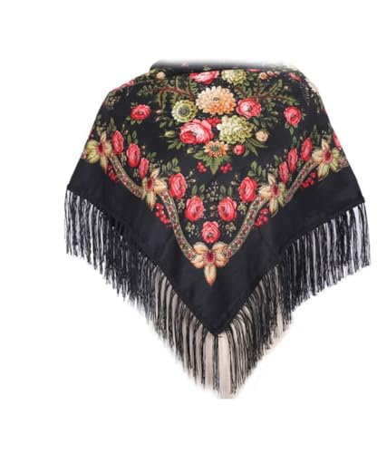 zaoalife Russian Style Scarf - 35 x 35 inch, Polyester Floral Printed Long Tassel Large Square Shawl - Traditional Retro Ukraine Style