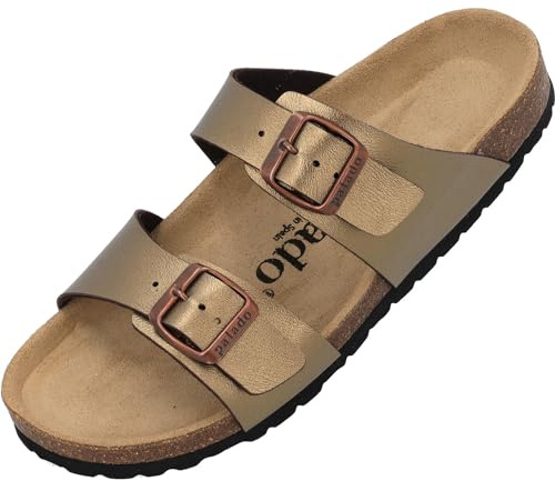 Palado Pantoletten Damen Samos - elegante Sandalen Made in Spain - bequeme Hausschuhe mit dämpfendem Kork-Fußbett - modische Sommerschuhe Metallic Bronze UK4,5 - EU37