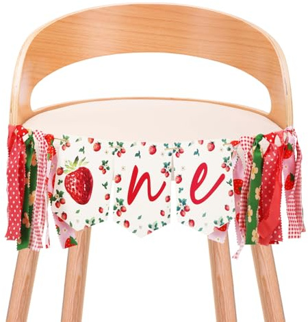 1st Birthday High Chair Banner, Strawberry Highchair Banner Birthday Photo Backdrop Wall Hangings for Kids One Birthday Party Strawberry Party Decorations