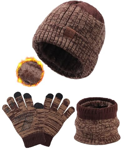WELROG Children's Winter Hat Scarf Gloves for Boys Girls Winter Hats Scarfs Set for Children 4-15 Years Warm Outdoor Hat and Scarf for Kids Winter Ski Suit Coffee