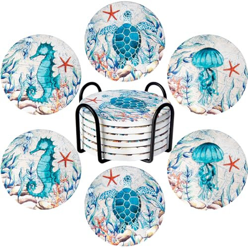 Lot de 6 dessous de verre boissons support céramique absorbant vie marine base liège décoration côtière thème plage dessous de verre tropicaux café cocktail