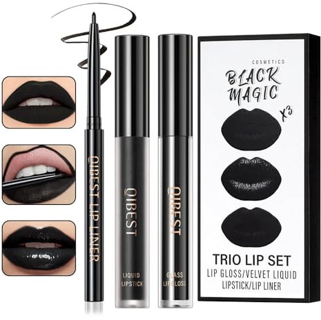 3Pcs Black Matte Liquid Lipstick and Lip Liner Set - Black Lip Gloss Stain Lipliner Set, Moisturizing Velvet Liquid Lipstick/Non-Stick Cup Lipgloss for Halloween Goth Makeup