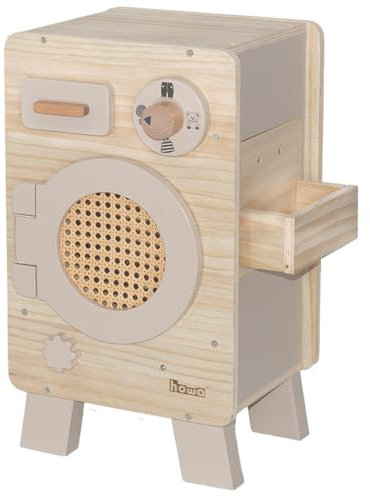 howa Kinderwaschmaschine aus Holz - Spielzeug Waschmaschine mit drehbarer Trommel, Regler mit Klickgeräusch, Waschmittelfach, Utensilienhalter, Natur-beige 48261