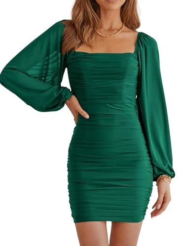 Haibang Vestidos de Fiesta Mujer Elegantes Manga Larga Vestido Corto de Malla con Cuello Cuadrado Vestido Sexy Ajustado Bodycon Ruched Mini Vestido para Fiesta Cóctel Noche Club Ceremonia