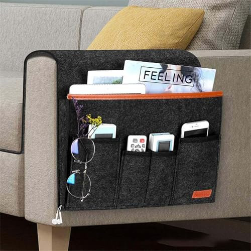 Non Slip Sofa Armrest Organizer for Sofa Couch Recliner Remote Holder Armchair Caddy with 5 Pockets Storage for Magazine Books,TV Remote Control,Cell Phone,Glasses,Charger (Dark Gray)