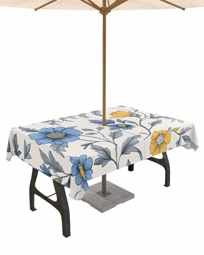 QueenKer Vintage Floral Outdoor Tablecloth with Umbrella Hole and Zipper 60 x 102 Rectangular Table Cover Blue Yellow Flowers Leaves Waterproof Tabletop Collection for Patio Garden Picnic Camping