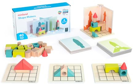 Miniland - Shape Makers, Juego de Construcción con Piezas de Madera | Juego de Mesa para Niños Desde 6 años con tableros de Jugador