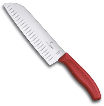 Victorinox Swiss Classic Coltello Santoku, Coltello in stile asiatico, Lama extra-affilata, Forma a bulbo, 17 cm, Acciaio inossidabile, Rosso