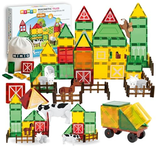 MIMIQ Bloques Magnéticos Granja Construcción Niños – 67 Piezas con 5 Animales y Camión Tractor – Juguete Montessori STEM Educativo, Regalo Niños y Niñas 3 4 5 6 7 Años