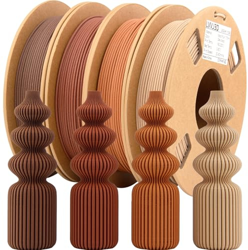 LVVJ3D Lot de 4 filaments en bois de 1,75 mm pour imprimante 3D, filament de bois avec 30 % de fibre de bois véritable, chêne, noyer, cerise, teck, filament PLA de 1,75 mm, filament d'impression 3D