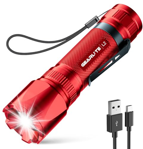 GEARLITE ficklampa LED uppladdningsbar, superljus zoombar 3 000 lumen minifack med 3 ljuslägen och lång driftstid, IP65 vattentät taktisk handlampa för camping fiske utomhus, nödsituation – röd