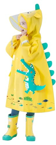 Kids Waterproof Rain Poncho Cute Dinosaur Raincoat Outwear Portable Reusable EVA Raincoat for Girls Boys Lightweight Rainwear Rain Jacket with Hood and Buttons for School Travel (Yellow, 4-5 Years)