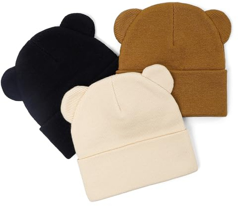 LACOFIA Baby Winter Knitted Hat with Bear Ears Infant Toddler Boys Girls Soft Warm Beanie Cap Black+Brown+Beige 0-6 Months
