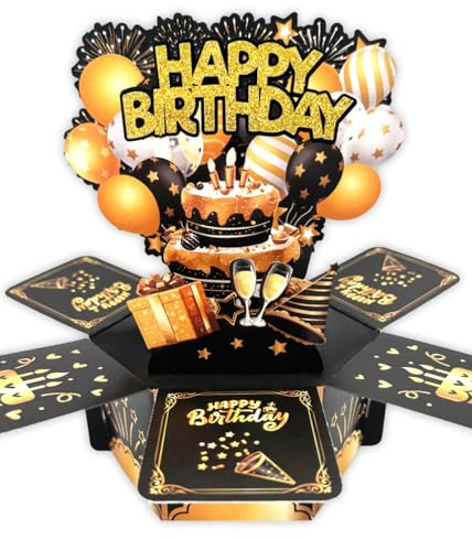 Caughttui Black Gold Pop Up Birthday Card - 3D Explosion Box Greeting Card, Happy Birthday Gifts for Men, Husband, Dad, Boyfriend, Grandpa (18th, 30th, 40th, 50th, 60th Birthday)