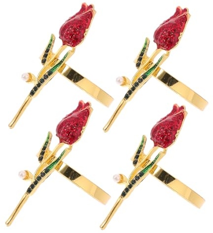 PRETYZOOM 4 Servilleteros Anillos para Servilletas en Forma de Rosa y Tulipán Color Dorado Imitación Gemas Rojos Juego Floral para Decoración de Mesa en Bodas San Valentín y