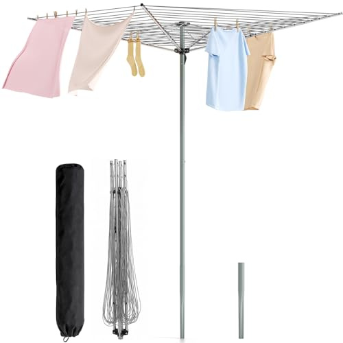 APEXCHASER Outdoor Umbrella Clothes Drying Rack, 164FT Metal Laundry Drying Rack, 4-Arms Rotary, Collapsible Clothesline for Lawn, Garden,Backyard, 67.52 H