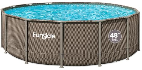 Funsicle Oasis Designer Above Ground Metal Frame Swimming Pool Set – with FB1800S AutoSkimmer Pump, Ladder, Cover, Cloth & Deluxe Maint. Kit, 16' x 48, Round, Double Rattan
