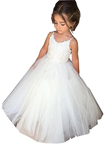 PLwedding Flower Girls Lace Tulle Ball Gowns First Communion Dresses Size 4 White