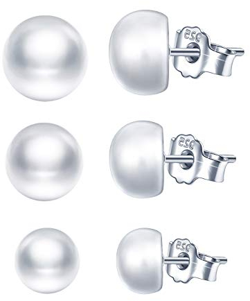 Yumilok 3 Paare Damen-Ohrstecker Ohrringe Süßwasser-Zuchtperlen in ca. 6mm 7mm 8mm Button weiß 925 Sterling Silber Perlenohrstecker mit echten Perlen für Frauen Mädchen