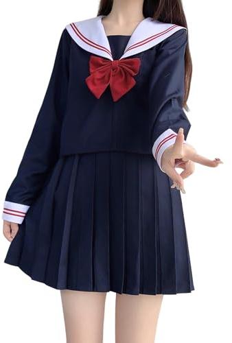 DRGE JK Uniforme Japonais Marine Marin Costume Classique Femme école Uniforme Marin Costume Manches Longues Blouse Robe Ensemble pour Les Filles,L
