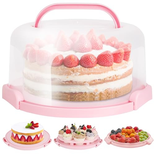 Ohuhu Cake Carrier, BPA-Free Cake Holder Storage Container Cupcake Carrier Keeper - Cake Stand with Lid 2 Handles Portable Round Two Sided Base for Cookies Nuts Fruits for 10 inch Cake Perfect Gifts