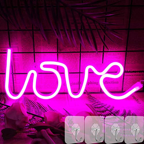 YIVIYAR Pink Neon Light Sign, LED Love Sign with 4 Hooks, Pink Neon Lamp for Bedroom Wall Decor, Battery/USB Operated, Valentine's Day Gift