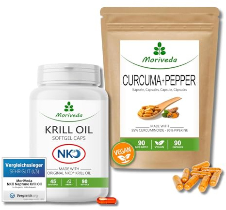 MoriVeda® Paquet de produits Cardio | Capsules molles d'huile de krill NKO® et capsules de curcuma + poivre | Paquet de nutriments pour le corps et l'esprit | 90 pièces chacun