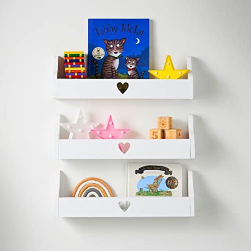 Haus Projekt 3 Pack Weiß Herz Kinderregal, Wandregal Kinderzimmer, Dekoratives Bücherregal für Kinder, Mehrzweck Holz Aufbewahrungsregal 50x10x16cm