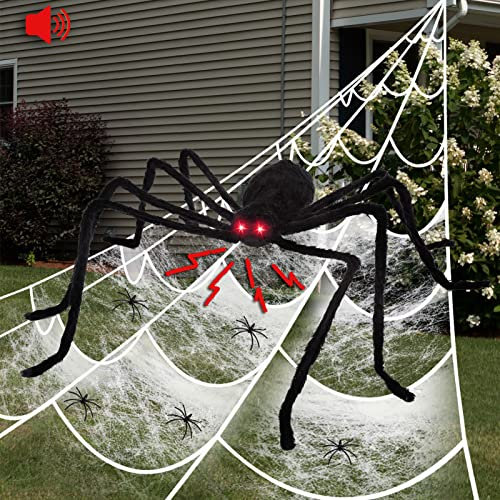 HAUSPROFI Halloween Decorations Spider, 49” Giant Spider with Red LED Eyes, Shakes & Squeaks, 16.4FT Large Spider Web, Super Stretch Cobwebs & 20PCS Small Fake Spiders for Outdoor Yard Haunted House