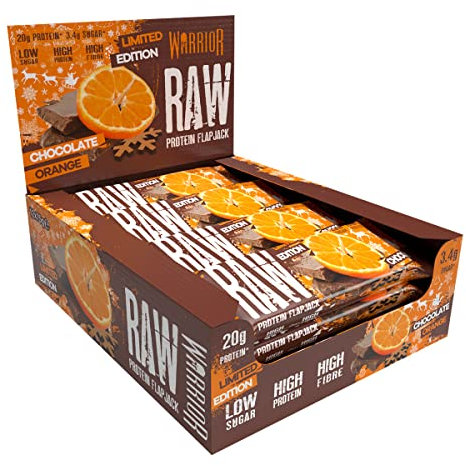 Warrior Raw Protein Bars – 12 x 75g Oat Bar Flapjacks – High Fibre, Low Sugar – Ideal Meal Replacement or Healthy Nutrition Energy Snacks – HFSS/GMP Certified – UK Made (Chocolate Orange)