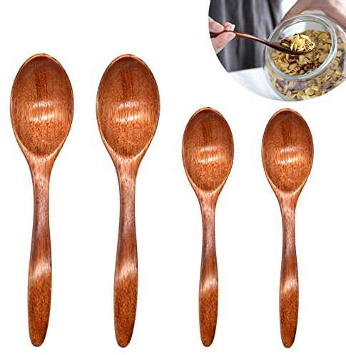 Cucchiaio Legno Set di 4, Naturale Cucchiaini Caffe Piccoli Cucchiaino Legno Miele Fatto a Mano Cucchiaini Legno Piccoli per Tè Caffè Miele Condimento Zucchero Zuppa di Riso Miscelatura (14cm+18cm)