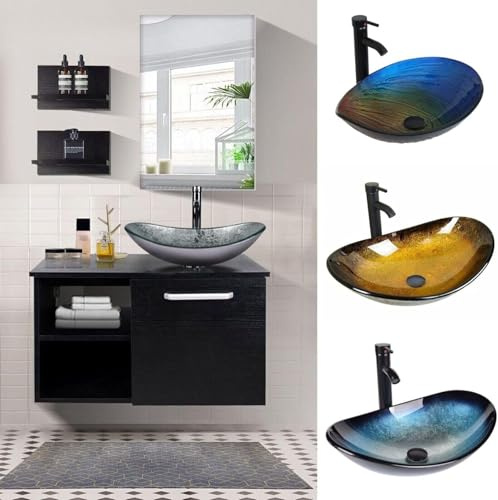 YU YUSING Ensemble de Meubles de Salle de Bain avec Lavabo et Miroir, Meuble de Salle de Bain avec Armoire de Rangement, Miroir, 2 Étagères Murales, Vasque, Ensemble de Robinets (Argenté Moderne)