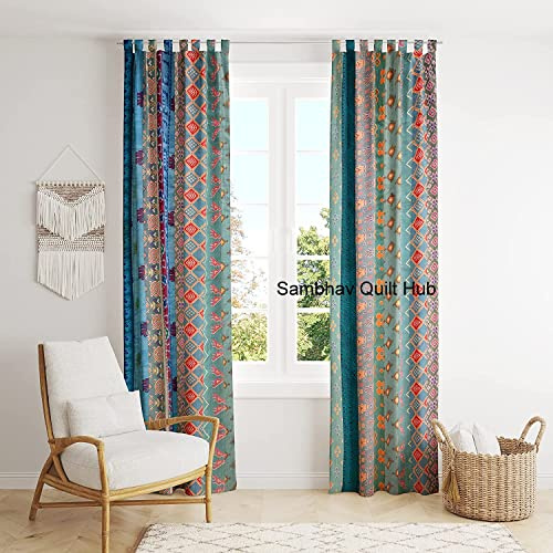 Sambhav Quilt Hub Handmade Vintage Old Silk Sari Fabric Made Theme Patchwork Color Handmade Curtain Door Window Decor Curtain Home Door Window Curtain Set (Turquiose, 9 feet 108 inch)