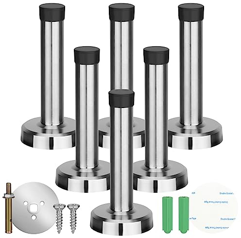 Chyaya Paquete de 6 topes de puerta autoadhesivos con tornillos, anclajes y amortiguador de goma, fijación de tornillos o pegar en la pared, topes de puerta de acero inoxidable resistentes para puerta