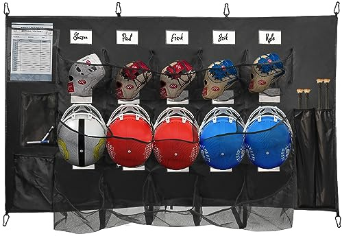 JBCLUB Baseball Helmet Holder for Dugout Fence, Hanging Helmets Bag for Baseball Softball Team, Hold 15 Player Helmets Gloves 4 Bats Name Cards and Roster Line Up